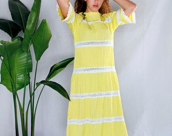 SALE Vintage 60s Mexican Lace Wedding Dress / Mexican Yellow Caftan / Mexican Lace Maxi Dress
