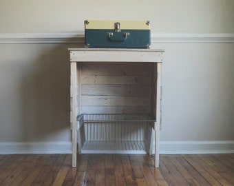 White Washed Reclaimed Storage/Record Player Stand/ Wire Basket/ Industrial Storage/ Kitchen Storage