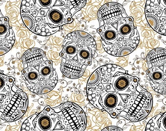 White and Gold Sugar Skull Cotton Fabric
