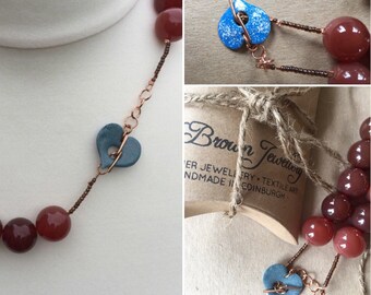 Carnelian Beaded Necklace, Heart Gemstone Necklace, Edinburgh Designer, Handmade Gemstone Necklace, K Brown Jewellery