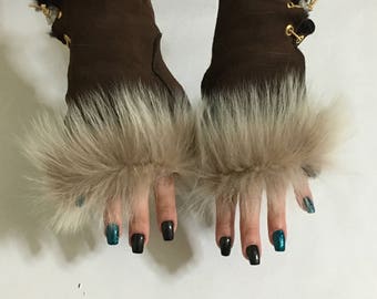 Sheepskin Fingerless Brown Gloves with Beige Fur One Size