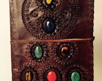 Leather Bound Journal, Leather Notebook, Blank Journal, Magical Seven Stones Journal