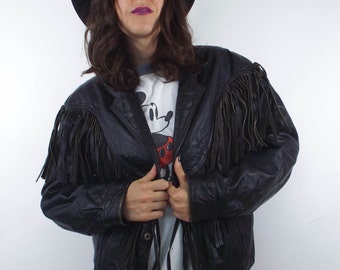Vintage 80s Distressed Black Leather Fringe Jacket