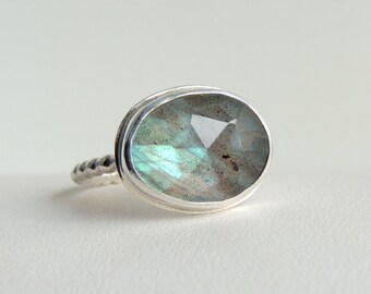 Labradorite Ring Sterling Silver Freeform Rose Cut Gemstone Blue Green Stone Bezel Set Statement Ring Size 7.5