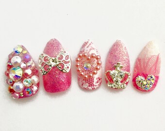 Pink Princess Kawaii Fake Nails | Lolita Gyaru Princess Cosplay Press On Nails | Kawaii Cute Japanese 3D Fake Nails | Kawaii Accessory