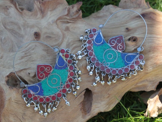 VINTAGE AFGHANI EARRINGS - Turquoise and Coral - Handmade - Bespoke - Tribal - Mosaic - Gypsy - One of a Kind - Statement - Festival - India