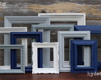 Navy Blue, Grey, White Picture Frames / Upcycled Distressed Picture Frame Set / Nursery Decor / Gallery Wall Frame Set / Skyline Collection