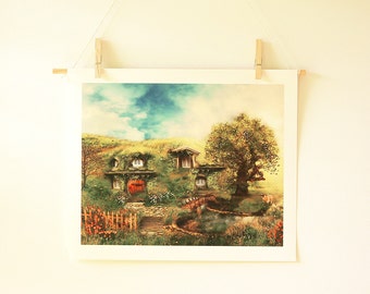 Hobbit House Fantasy Landscape Illustration | The Shire 11x14 Fantasy Art Archive Quality Giclée Print Unframed Made to Order