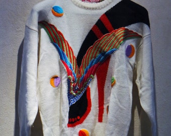 Rare Vintage 80s Kansai Yamamoto White Embroidery Shoe Knit Sweater Made in Japan Size M UK 12 EU 38