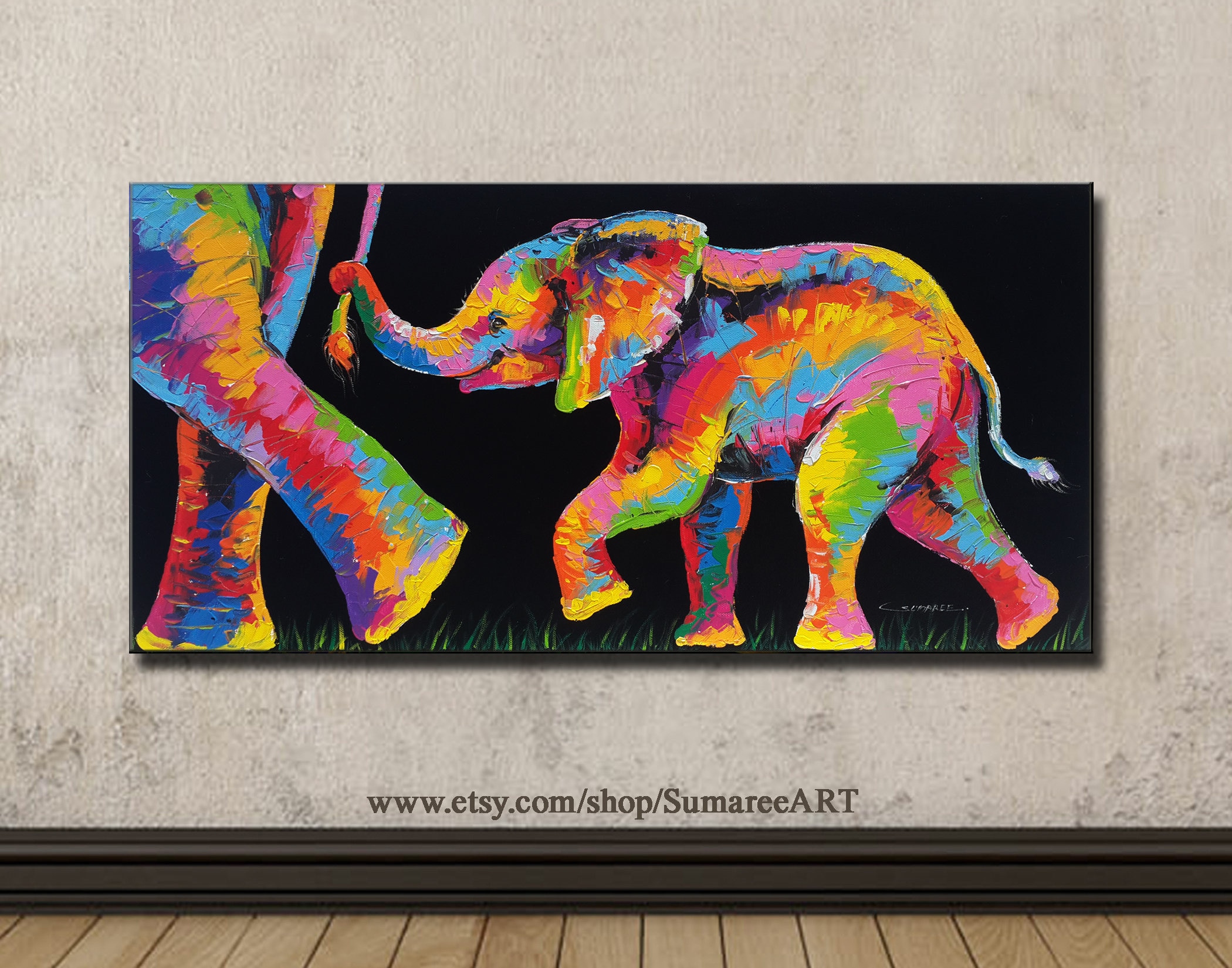 40 x 80 cm Colorful elephant paintings on canvas wall decor