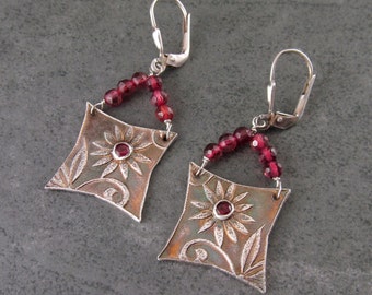 Garnet purse earrings, handmade recycled fine silver floral earrings-OOAK
