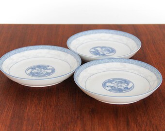 Set of 3 Porcelain + Blue Small Plates Shallow Bowls with Dragons