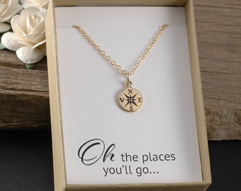 Compass necklace, graduation gift, gold compass necklace, oh the places you'll go, gift boxed card