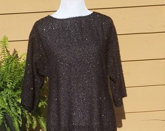 1970s Jo Hardin Black Sparkly Blouse Large//Burlesque Gypsy Hipster Bohemian Beach Summer Blouse//Designer 1980s Top I Gothic Black Top