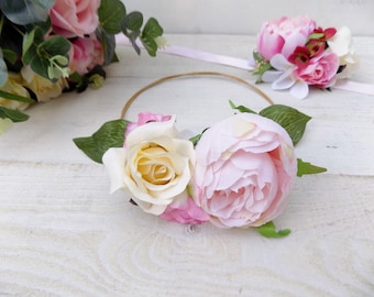 Flower crown peony flower girl crown hair accessories floral crown wedding headband hair wreath photo prop blush vintage pink flower crown