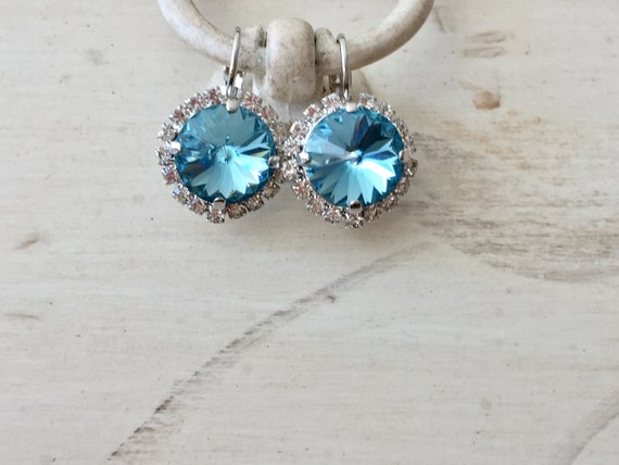 Aquamarine Swarovski Crystal Halo Earrings, Silver