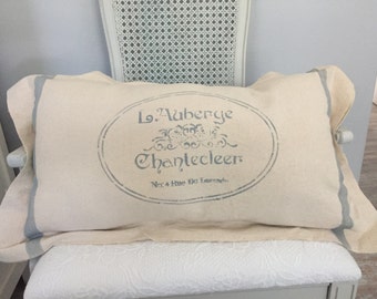 Vintage Painted Feedsack Oversized Lumbar Pillow - Farmhouse Pillow - French Provincial Style - French Country Decor - Fixer Upper