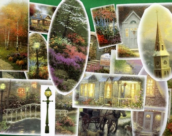Thomas Kinkade Collage Scrap Pack, Destash, 20 Paper Pieces, Painter of Light, Altered Art, Craft Projects, Journal, Buildings Nostalgia