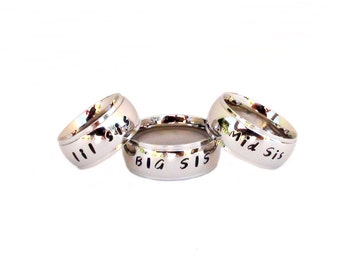 Sister Rings- Three Rings Hand Stamped BIG SIS Mid Sis lil sis ring set stainless steel sister quote rings best friends relationship gift