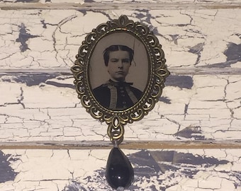 Victorian Gem Tin Type Photo Brooch Pin with Edwardian Black Glass Drop