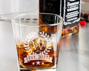 Monogram Est. Whiskey Glass/Engraved Rocks Glass 9.25 oz. custom whiskey glass, engraved whiskey glass, personalized whiskey glass