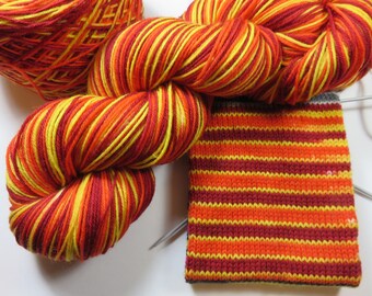 Handpainted Superwash Merino/Nylon 4-ply Sock Yarn -- Perfect Threesomes Striping Yarn for Socks or Gloves -- Some Like it Hot