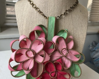 Pink and Red Vintage Zipper Flower Necklace