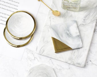 Marble Coaster, Grain Gold Plating Ceramic Coaster, Marble Finish Coaster with Gold Details, Set of 4