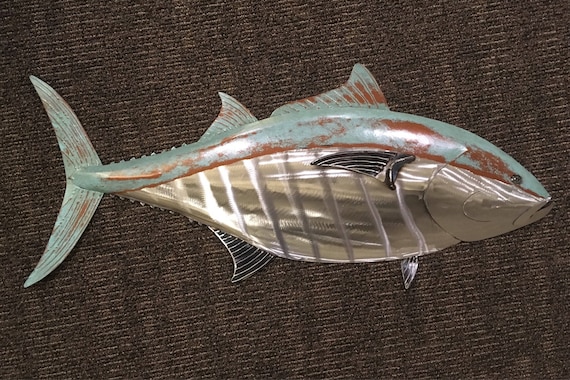 Blue Fin Tuna Fish Metal Sculpture 36in long Tropical Beach Coastal Wall Art