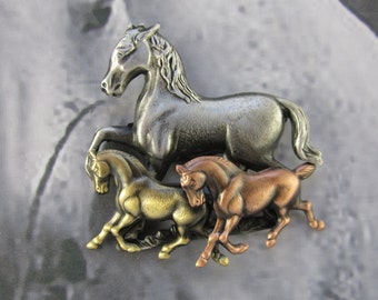 Horses Brooch- Horse pin- Equestrian Jewelry- mixed metal jewelry-Horse Lover Gift