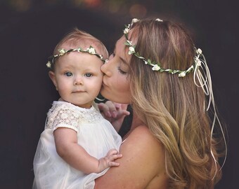 Ivory rose floral circlet. Adult or child size. Flower crown, adjustable wreath with ribbons. Baby flower crown. Christening,wedding circlet