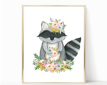 Woodland Raccoon Print. Watercolor Nursery Art. Floral Raccoon Print. Printable Woodland Art. Raccoon Art. Raccoon Print. Raccoon Printable.
