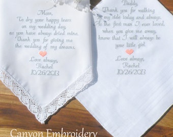 Two Personalized Wedding Gift Embroidered Wedding Hankerchiefs Gifts For Mom Mother & Father of the Bride Wedding Gifts By Canyon Embroidery