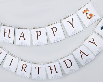 Woodland Happy Birthday Banner, Woodland Birthday Party Banner, Woodland friends, Forest friends, Woodlan birthday party banner HM113