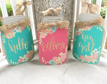 20" Hand Painted Flower Mason Jar Door Hanger, Custom Order
