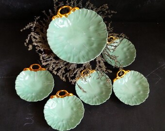 Limoges Serving Set. Green Retro Serving Set. Vintage China Serving Set with dish and bowls. Dessert bowls . Ice Cream Bowls . Appetizer set