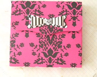 Hot pink and black Favor Boxes- Damask favor boxes w/bow QTY 15 party favors gift packaging, Fuchsia wedding favor box 3.5 in sq x 1/2 deep