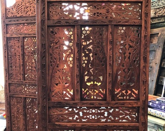 Vintage Wooden Decorative Antique 4 Panels Room Divider Hand-Carved Folding Screen Boho Room Decor
