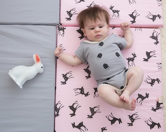 Baby Playmat, Play Mat, Baby Play Mat, Travel Play Mat, Padded Play Mat, Padded Playmat, Folding Play with bambi print in grey and pink