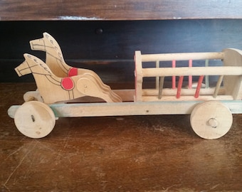 Horse and wagon, wood horse and cart made in Yugoslavia, vintage wood push toy