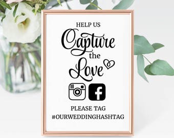 Wedding Hashtag Sign, Social Media sign, Wedding printable sign, instagram sign. Help us Capture the Love sign. Edit in Adobe Reader.