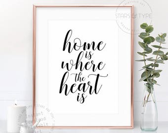 Home Is Where The Heart Is, PRINTABLE Wall Art, Love Quote, Home Decor Sign, Black Typography Calligraphy, Housewarming Gift, Digital Print