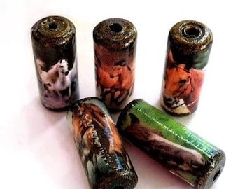 Horse Beads - Handmade Paper Tube Beads - - Set/5 - PB12