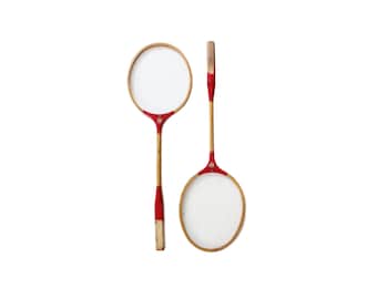 Vintage Red Painted Wooden Badminton Rackets Set of 2