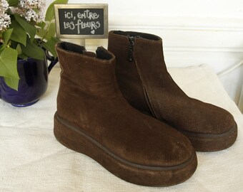 Boots no Name in Nubuck chocolate wedges - size 39 - collector's 90's