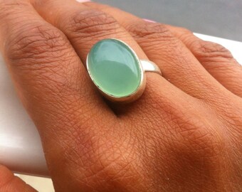 Aqua Chalcedony Ring Pacific Blue Chalcedony Aqua Oval Gemstone Ring 925 Sterling Silver Artisan Bezel Set Cabochon Ring Size 7,8,9,10,11