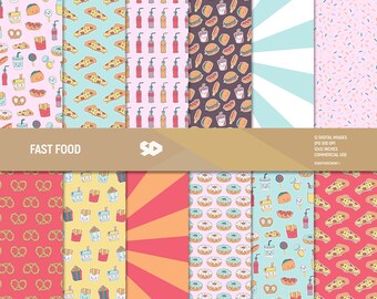 Fast Food digital paper pack. Food scrapbooking pages, kawaii backgroung, pizza scrapbook sheets pattern, burger hotdog soda. Commercia use.