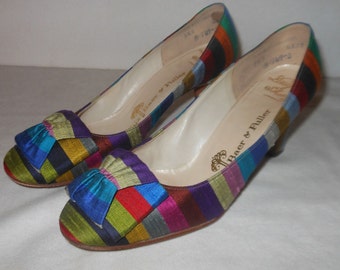 Gorgeous Rainbow Fabric Covered 1960's Heels Shoes Stix Baer Fuller 5.5 M