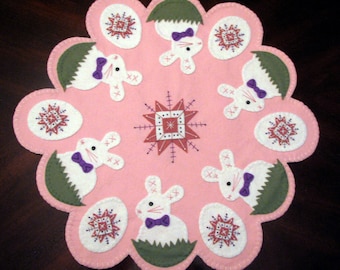 Hand Stitched Wool-Felt Easter Bunnies and Eggs 22-1/2" Penny Rug - Candle mat - Home Decor - Easter Applique - Easter Fiber Art - Penny Rug