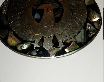 Sterling silver belt buckle/Thunderbird with abalone. From Mexico.